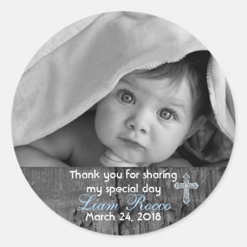 Rustic Wood Vintage Cross Baptism Thank You Photo Classic Round Sticker