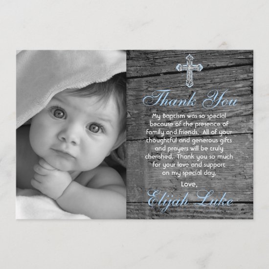 Rustic Wood Vintage Cross Photo Baptism Thank You