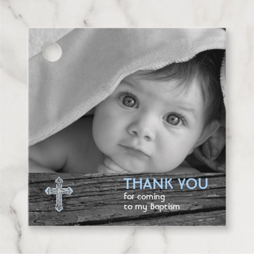 Rustic Wood Vintage Cross Photo Baptism Thank You Favor Tags