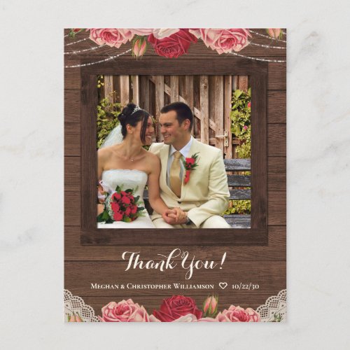 Rustic Wood Vintage Floral Wedding Thank You Photo Postcard