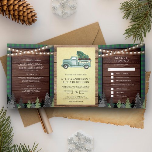 Rustic Wood Vintage Green Christmas Truck Wedding Tri_Fold Invitation