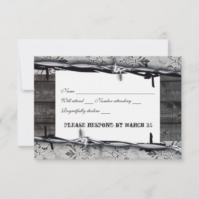 Rustic Wood Vintage Lace Barbed Wire rsvp (Front)