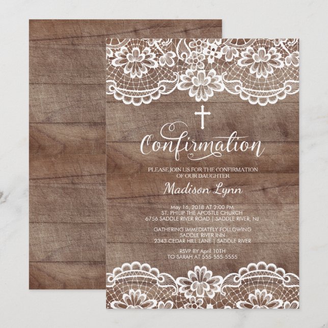 Rustic Wood Vintage Lace Confirmation Invitation (Front/Back)