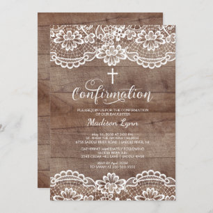 Rustic Wood Vintage Lace Confirmation Invitation