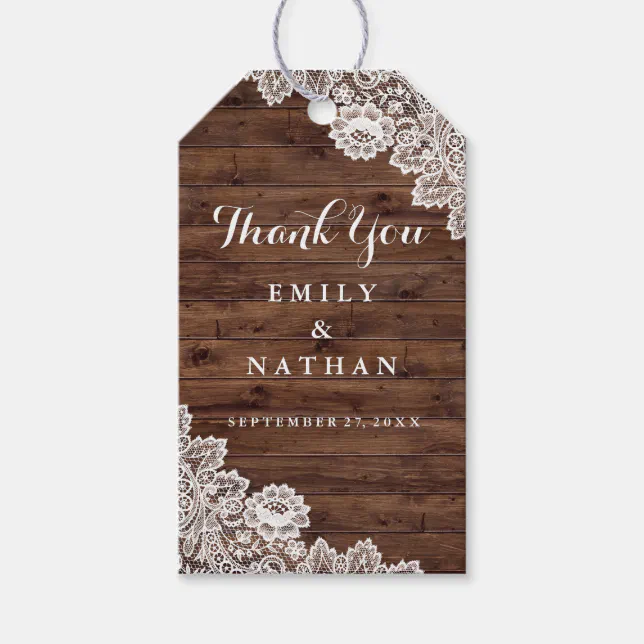 Rustic Wood Vintage Lace Favor Thank You Gift Tags | Zazzle