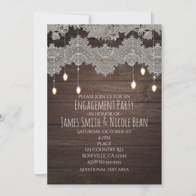 Rustic Wood & Vintage Lace & Lights Elegant Invitation (Front)