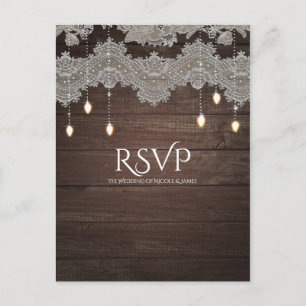 Rustic Wood & Vintage Lace & Lights Elegant RSVP Invitation Postcard