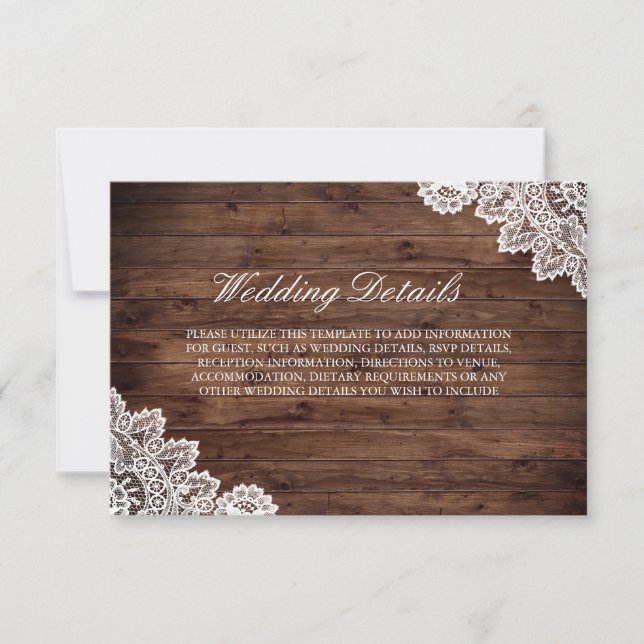 Rustic Wood Vintage Lace Wedding Details Invitation (Front)