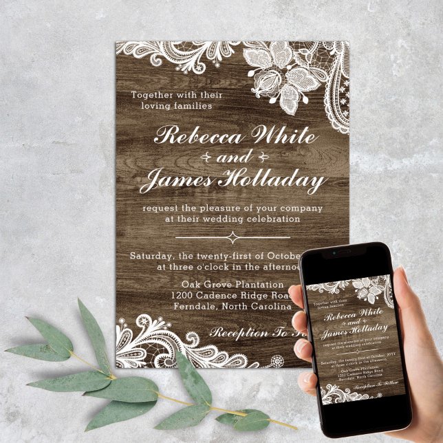 Rustic Wood & Vintage Lace Wedding Invitation (Creator Uploaded)