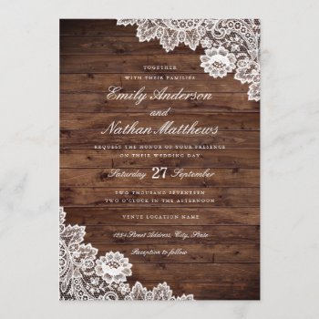 Rustic Wood Vintage Lace Wedding Invitation by LittleBayleigh at Zazzle