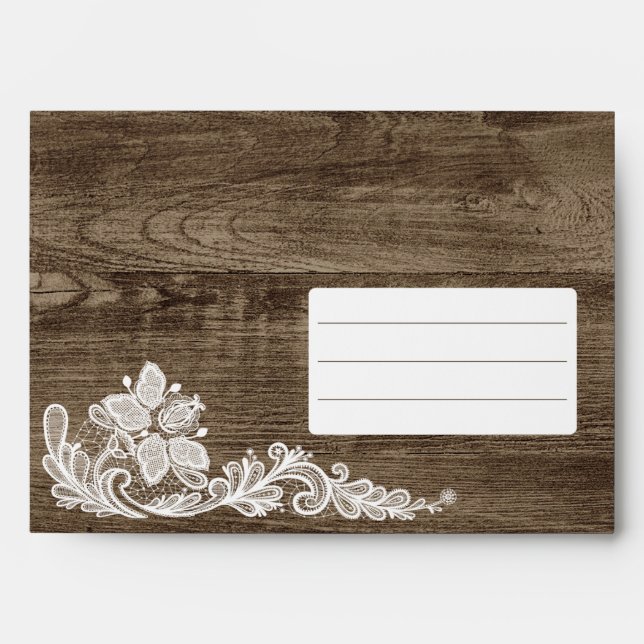 Rustic Wood & Vintage Lace Wedding Invitation Envelope (Front)