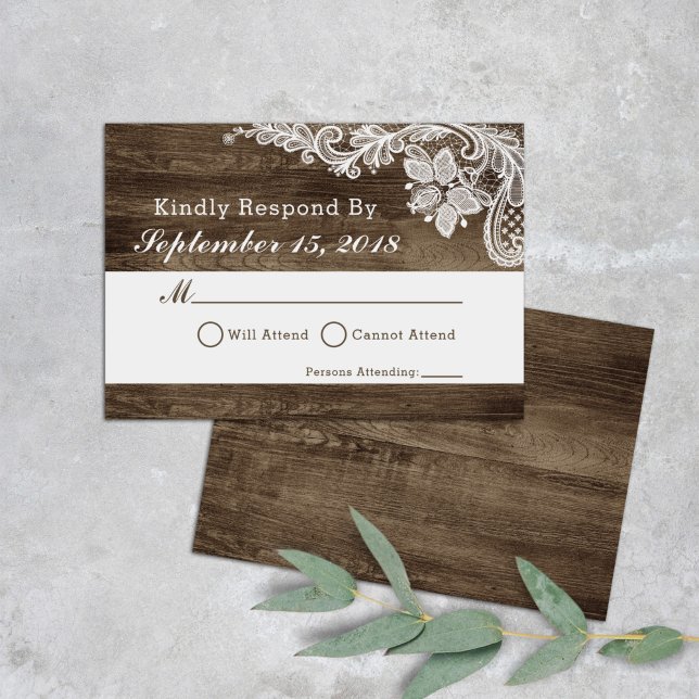 Rustic Wood & Vintage Lace Wedding Invitation RSVP (Creator Uploaded)