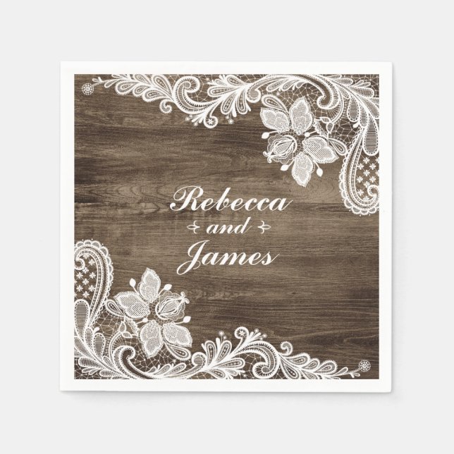 Rustic Wood & Vintage Lace Wedding Personalized Paper Napkins (Front)