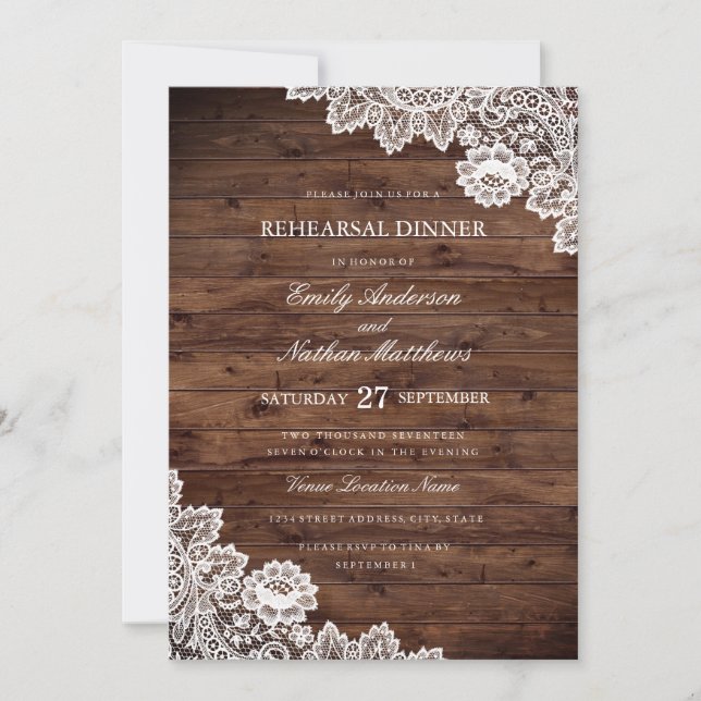 Rustic Wood Vintage Lace Wedding Rehearsal Dinner Invitation (Front)