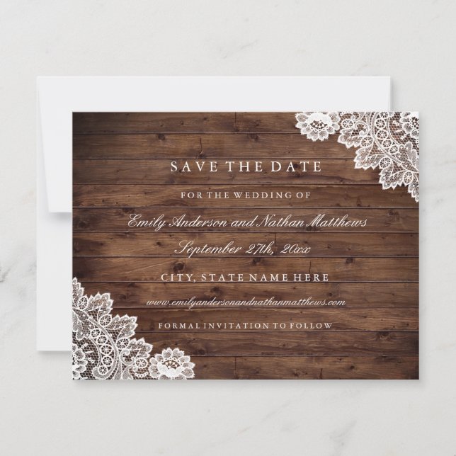 Rustic Wood Vintage Lace Wedding Save The Date (Front)