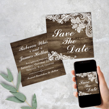 Rustic Wood & Vintage Lace Wedding Save The Date Invitation by CyanSkyCelebrations at Zazzle