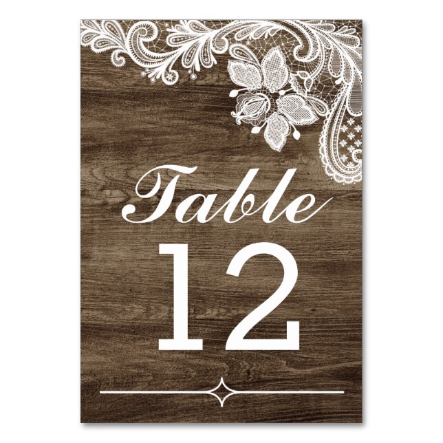 Rustic Wood & Vintage Lace Wedding Table Number (Front)