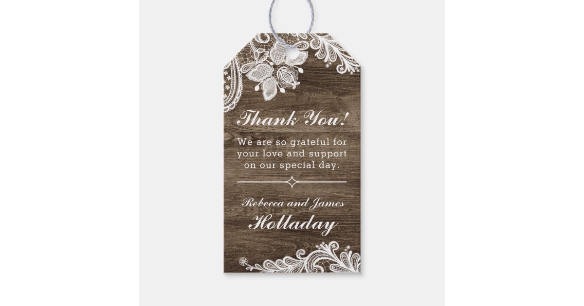 Rustic Wood & Vintage Lace Wedding Thank You Gift Tags | Zazzle