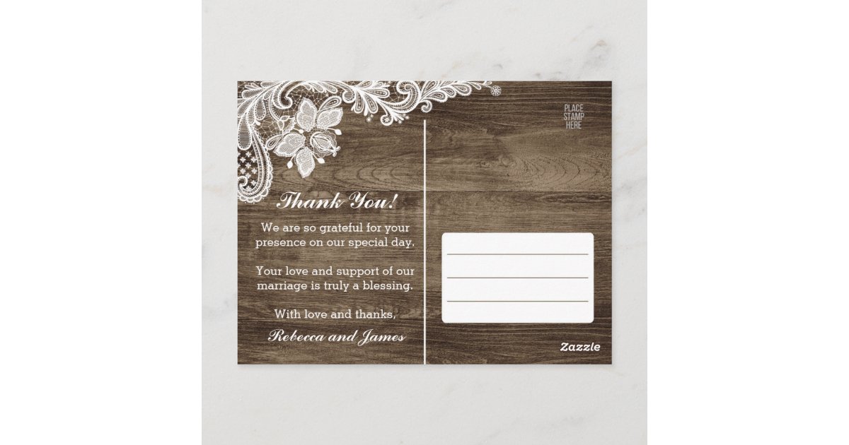 Rustic Wood & Vintage Lace Wedding Thank You Postcard | Zazzle