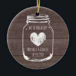 Rustic wood vintage mason jar engagement Christmas Ceramic Ornament<br><div class="desc">Rustic wood vintage mason jar engagement 1st Christmas ornament. Cute winter Holiday souvenir with brown oak wood panel background. Country chic gift idea for engaged couple, bride and groom, future husband and wife. Romantic gift idea for him and her. Make your own xmas decoration and tree decor. Includes gold glitter...</div>