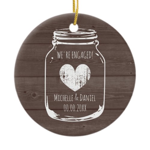 Rustic wood vintage mason jar engagement Christmas Ceramic Ornament