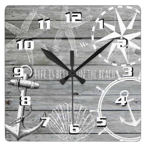 Rustic Wood Vintage Nautical Theme Life is Better Square Wall Clock Rustic Wood Vintage Nautical Theme Life is Better Square Wall Clock