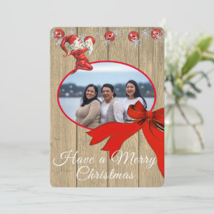 Rustic Wood Vintage Red Elf Photo Merry Christmas Holiday Card
