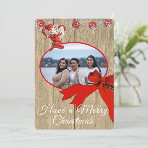 Rustic Wood Vintage Red Elf Photo Merry Christmas  Holiday Card