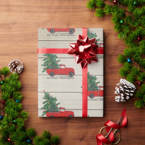 Rustic Wood Vintage Red Truck Christmas Wrapping Paper