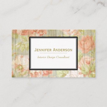 Rustic Wood Vintage Rose And Gold Floral Business Card by MaggieMart at Zazzle