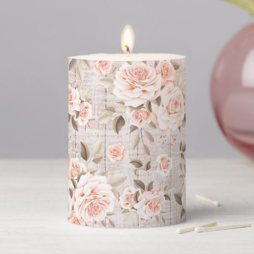 Rustic Wood  Vintage Roses Romantic Shabby Chic Pillar Candle