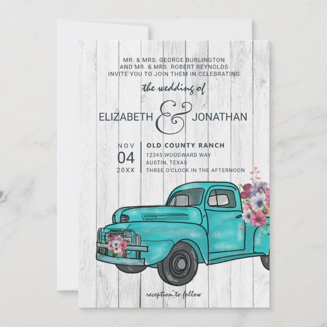 Rustic Wood Vintage Teal Truck Boho Wedding Invitation (Front)