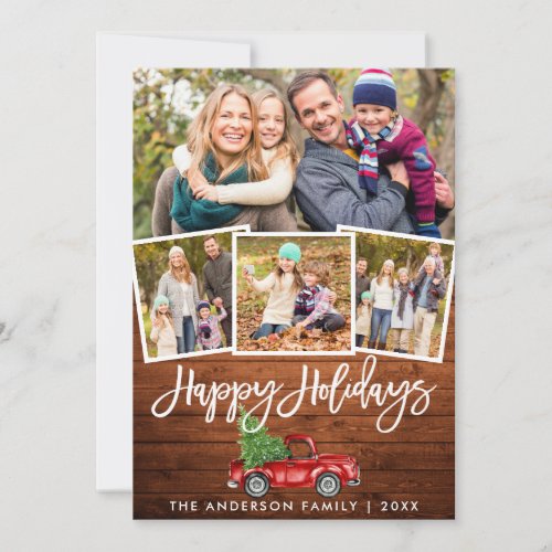 Rustic Wood Vintage Truck Brush Script 4 Photo Holiday Card