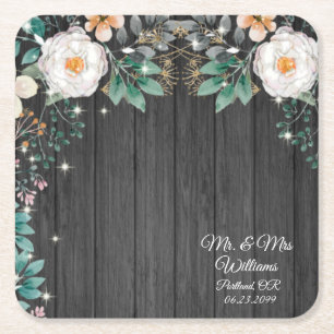 Rustic Wood Vintage Watercolor Flowers & Sparkles Square Paper Coaster