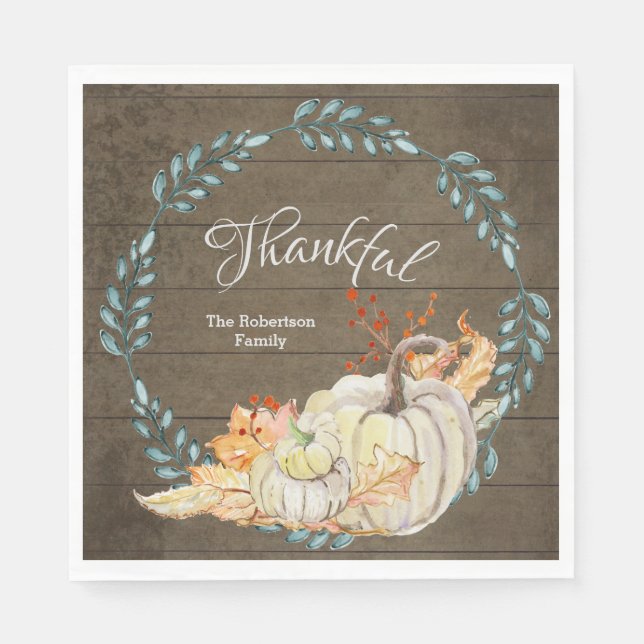 Rustic Wood w Fall Leaves n Pumpkin Thanksgiving Napkins (Front)
