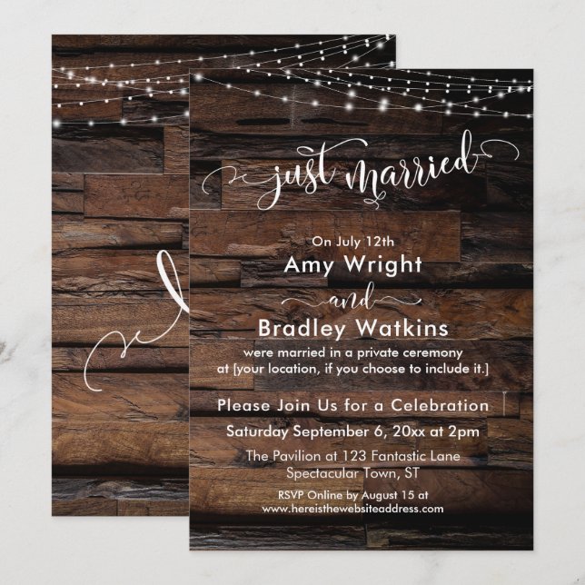 Rustic Wood w/ Lights, Just Married Calligraphy Invitation (Front/Back)