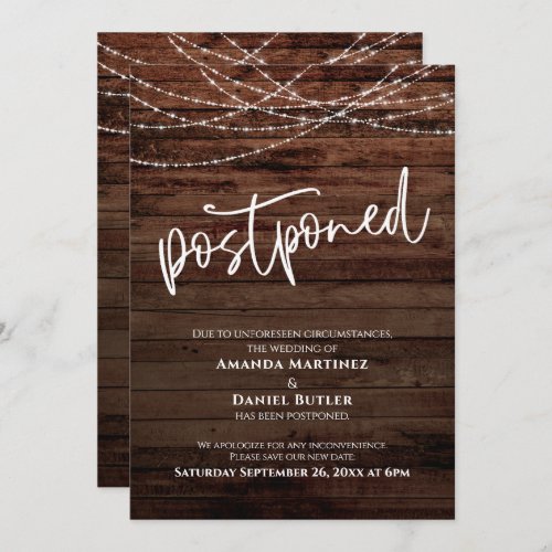 Rustic Wood w Lights Postponed Wedding Card