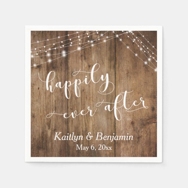 Rustic Wood w/ White Lights, Happily Ever After Napkins (Front)