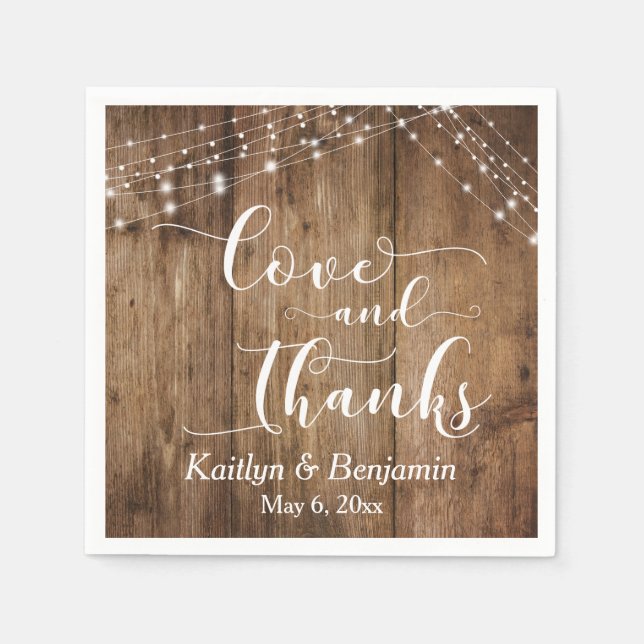 Rustic Wood w/ White Lights, Love and Thanks Napkins (Front)
