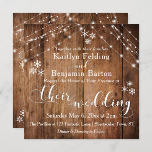 Rustic Wood w/ White Lights & Snowflakes Wedding Invitation