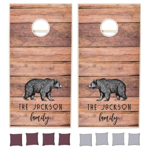 Rustic Wood Walking Bear Family Name Cornhole Set