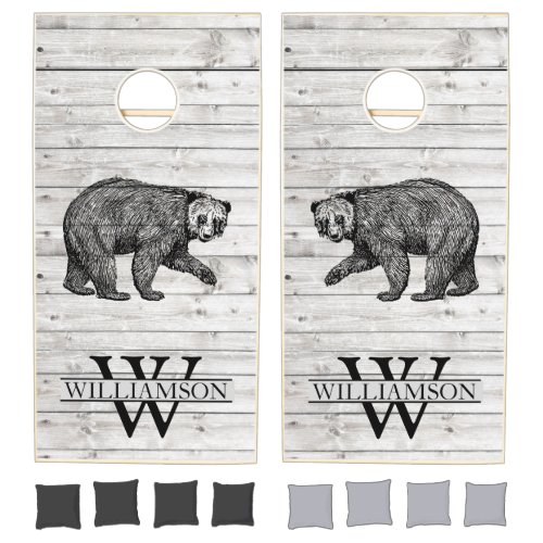 Rustic Wood Walking Bear Family Name Monogram  Cor Cornhole Set