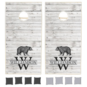 Rustic Wood Walking Bear Family Name Monogram Corn Cornhole Set