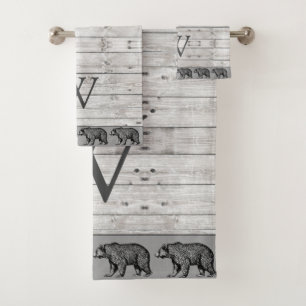 Rustic Wood Walking Bear Monogram Bath Towel Set