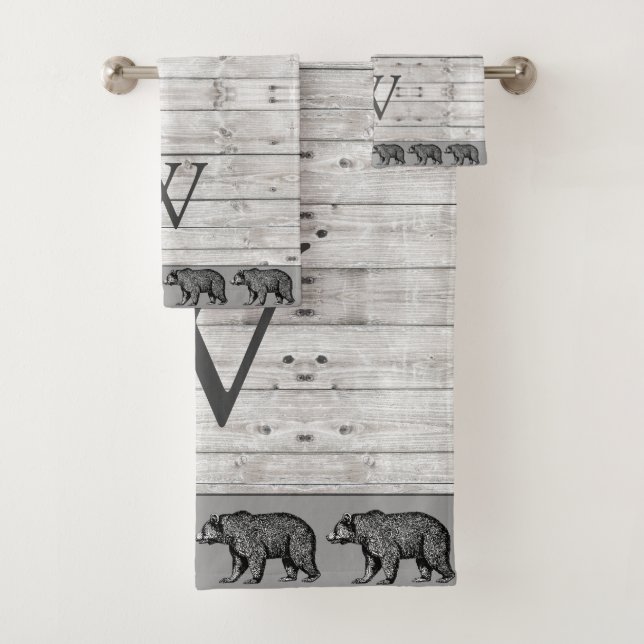 Rustic Wood Walking Bear Monogram  Bath Towel Set (Insitu)