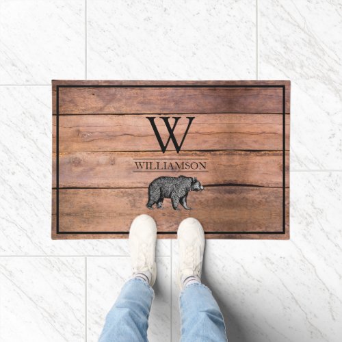 Rustic Wood Walking Bear Monogram  Doormat