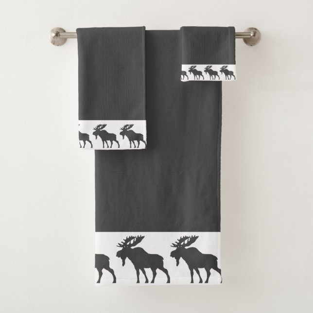 Rustic Wood Walking Moose Charcoal Gray  Bath Towel Set (Insitu)