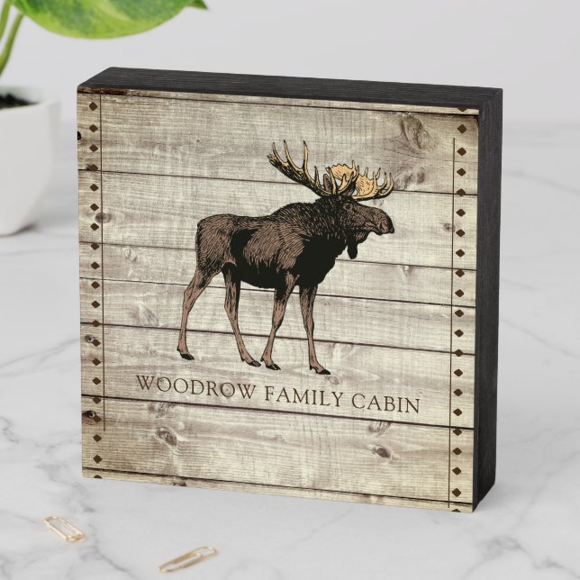Rustic Wood Walking Moose Family Name Cabin Wooden Box Sign (In Situ Horizontal)