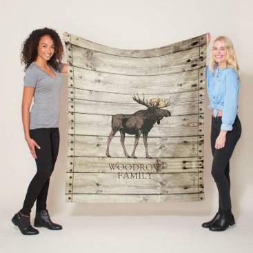 Rustic Wood Walking Moose Family Name Fleece Blanket