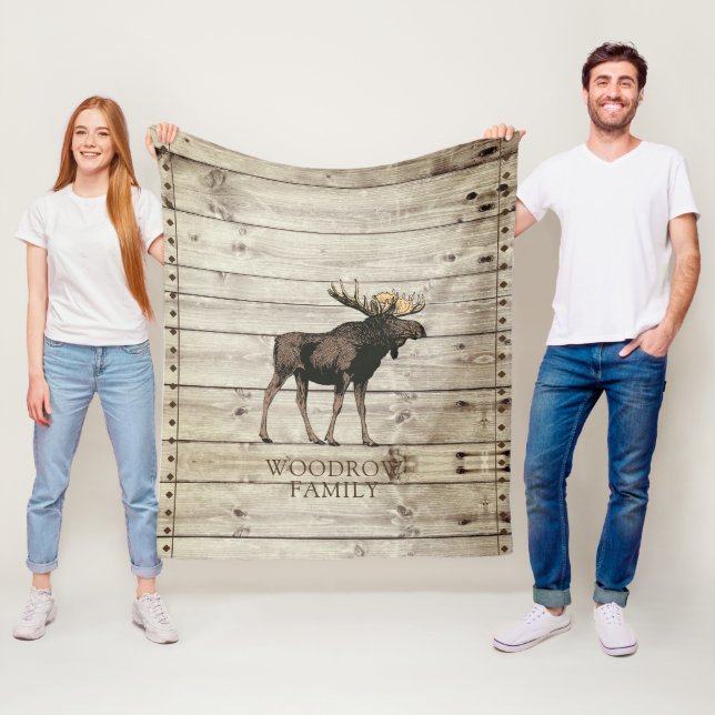 Rustic Wood Walking Moose Family Name Fleece Blanket (In Situ)